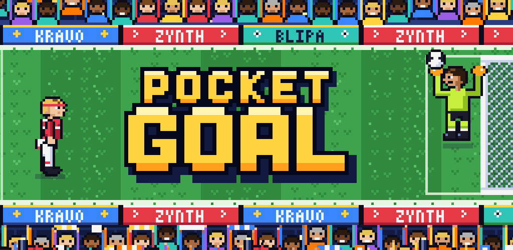 Pocket Goal: a pixel striker lines up a shot while the goalkeeper waits in goal, in front of a crowded stand