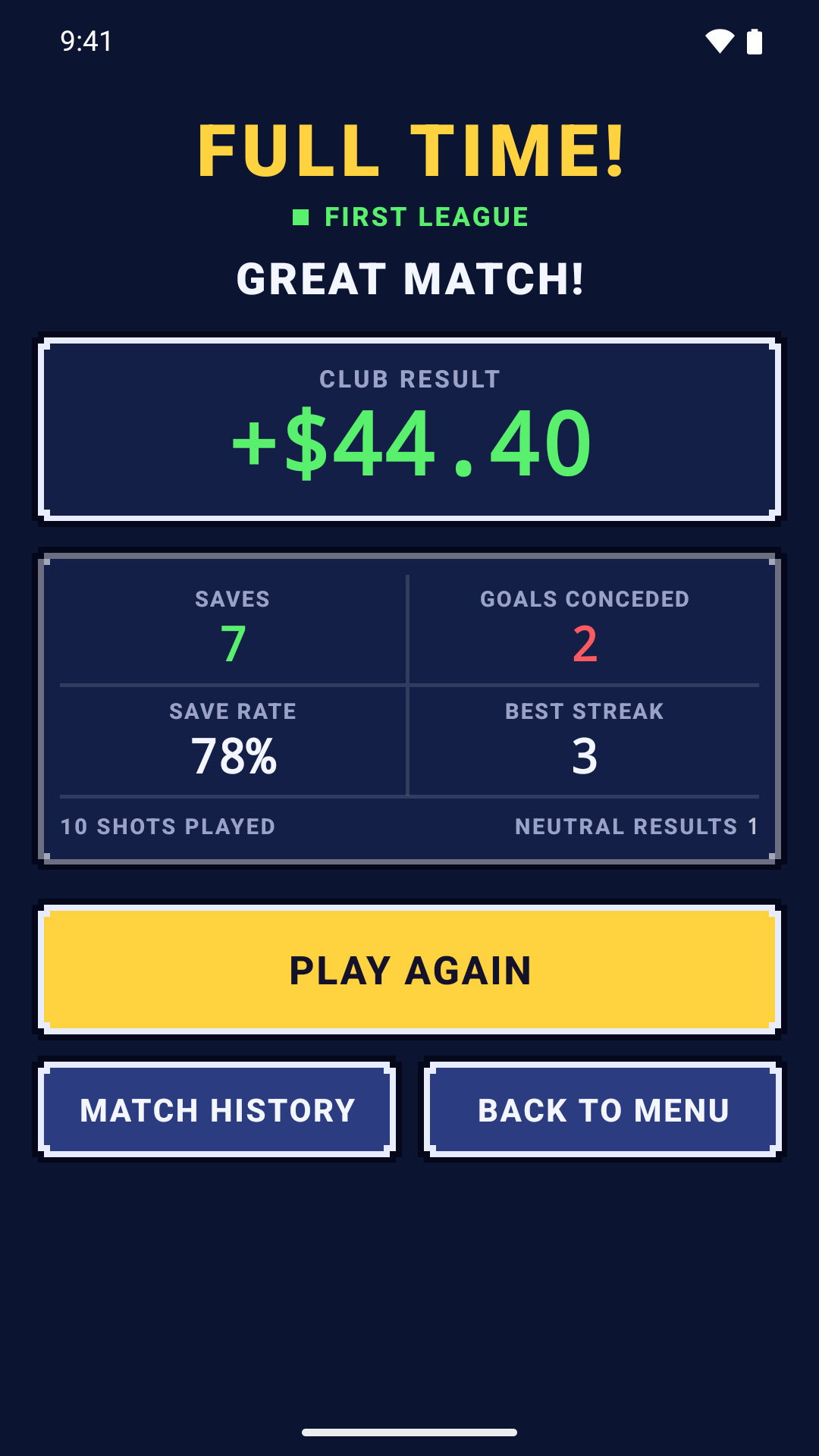 The FULL TIME screen: a GREAT MATCH! verdict, the club result, and the saves, goals conceded, save rate and best streak of the match