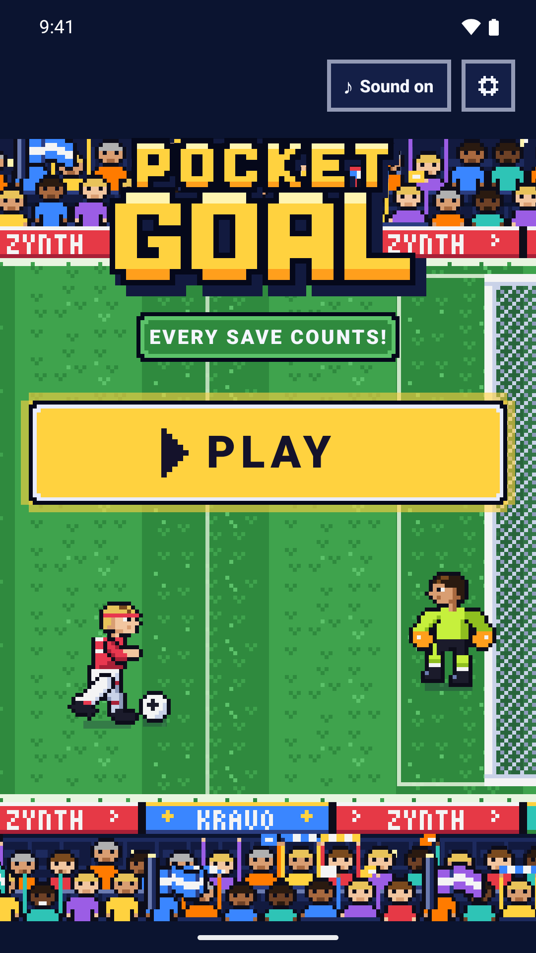 Pocket Goal’s home screen: the game logo, a big PLAY button, and a striker and a goalkeeper on a pixel pitch